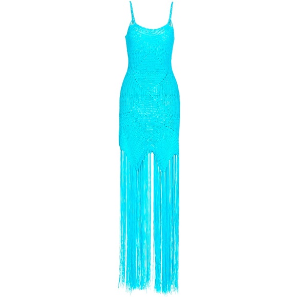 Crochet Teal Blue Fringe Maxi Dress Beach Cover Up Turquoise Summer Sundress - Picture 2 of 6